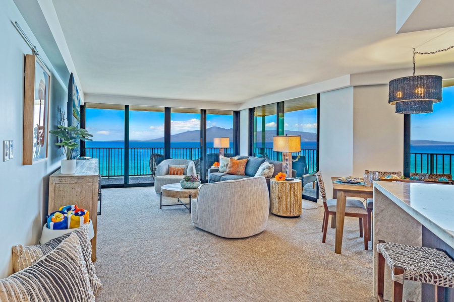 Enjoy the open layout at Kaanapali Shores 702 with floor-to-ceiling windows and panoramic ocean views.