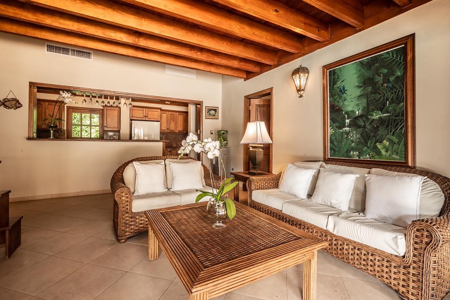 A cozy living space in the guest house, adjacent to the kitchenette.