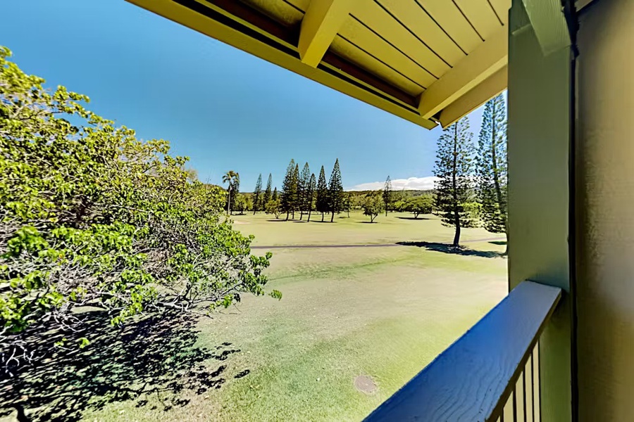 Lanai view overlooking golf course and open greens.