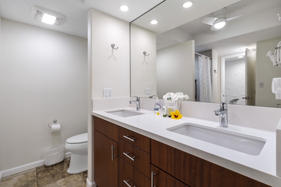 Renovated bathroom with dual vanities!