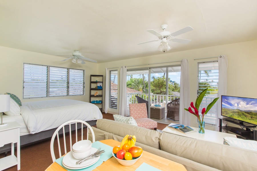 Guest cottage with king bed, pull-out sofa, full bath, lanai, wet bar, and new split air conditioning!