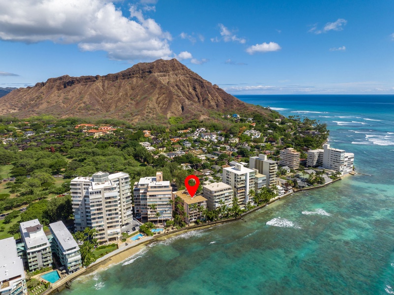 Aerial view of property with Diamond Head in the background, offering a true island experience.