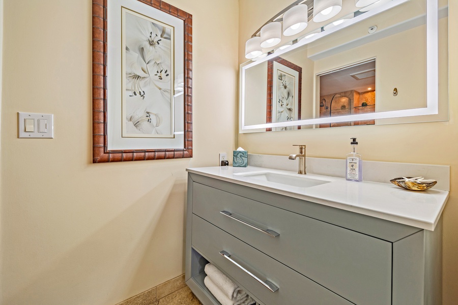 The guest bathroom features a modern vanity with plenty of storage and bright lighting.