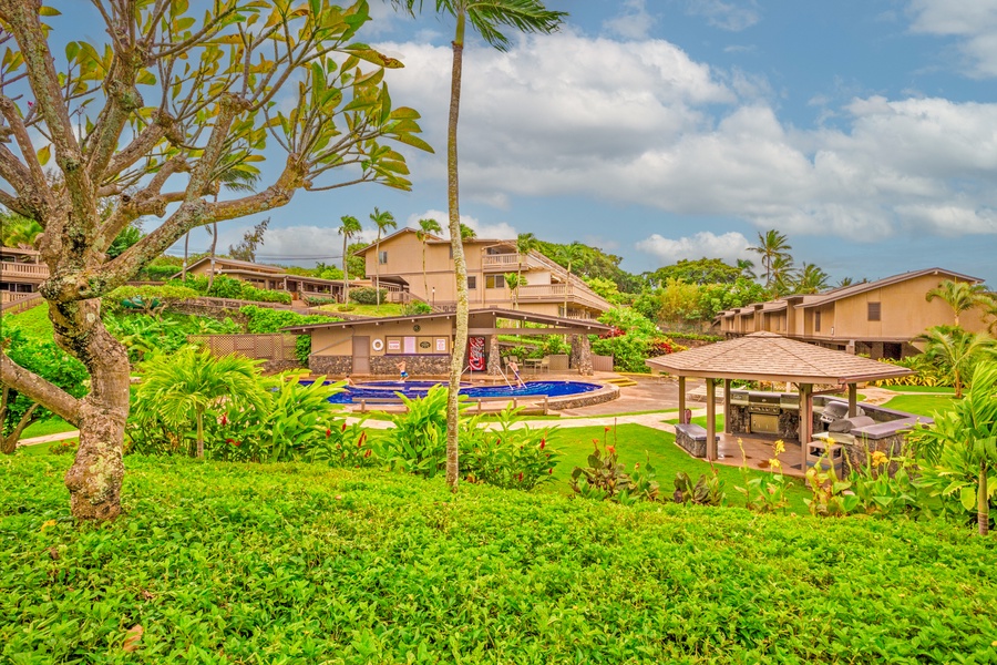 The lush grounds at Kahana Sunset Resort showcase tropical trees and vibrant greenery, creating a peaceful retreat.