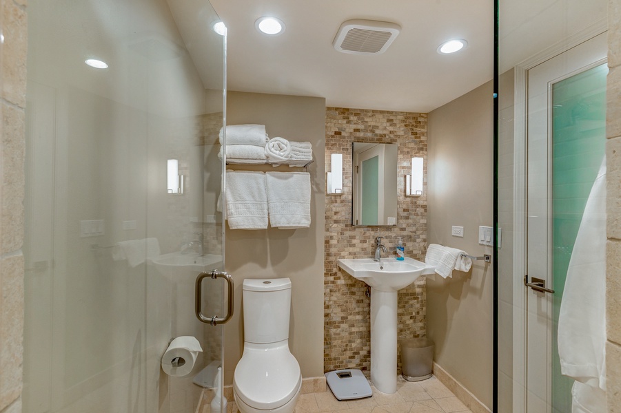The ensuite in Mahana 1119 features a sleek single vanity and a separate walk-in shower with modern finishes.