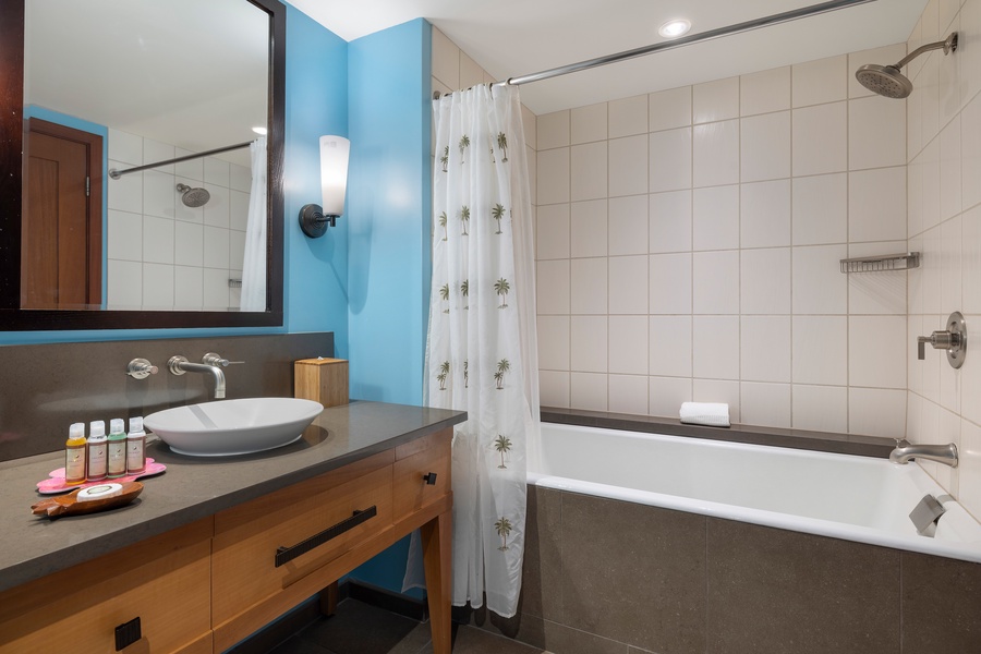 The second guest bathroom with a designer vanity, tub and shower.