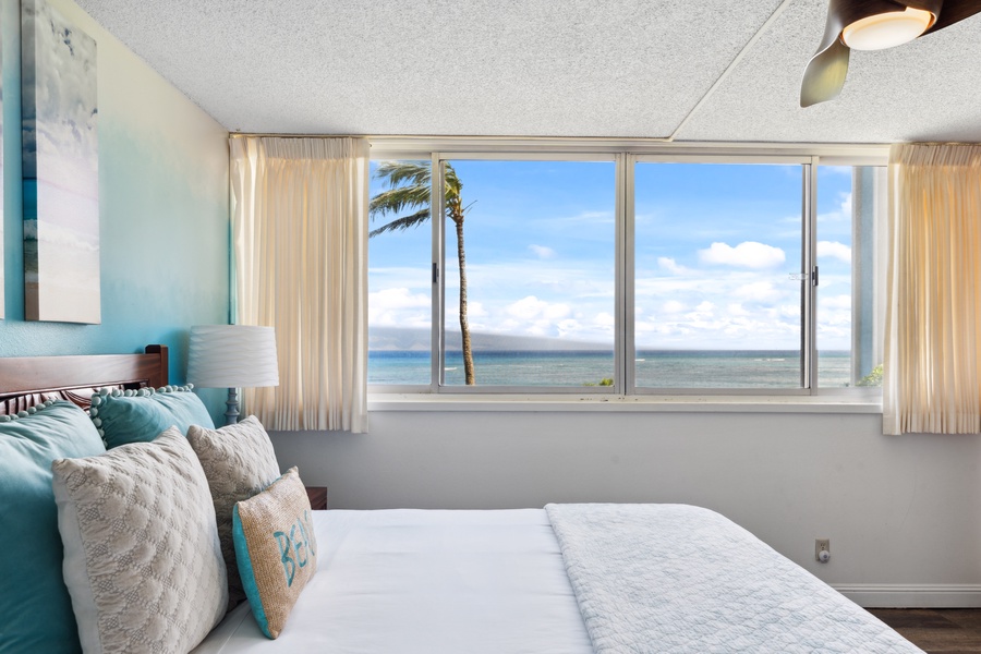 Waking up at Royal Kahana 308 means soft linens, calm ocean blues, and views that soothe the soul.