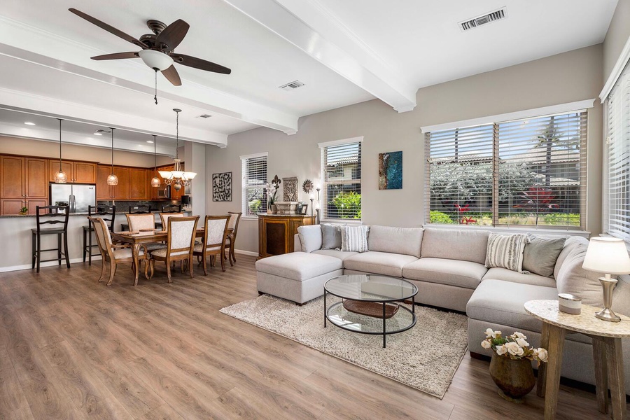 Enjoy an open concept living space, with clear sightlines from living area, dining and kitchen.