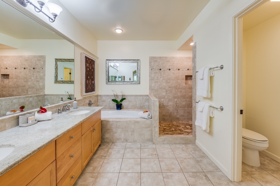 Primary Ensuite Bath w/ Jacuzzi Tub and Spacious Glass Shower