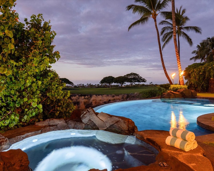 Decompress in the private pool & spa beneath lavender skies