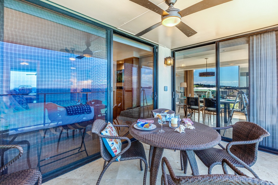 The private lanai has outdoor seating, perfect for dining with ocean views.