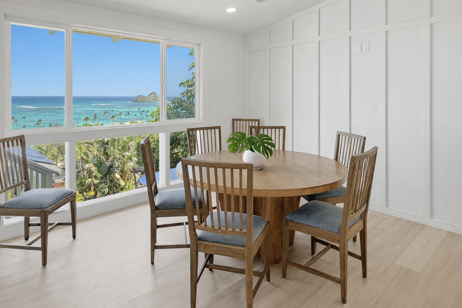 Savor meals at your elegant dining table while ocean views and palm trees create the perfect tropical backdrop for memorable dining moments.