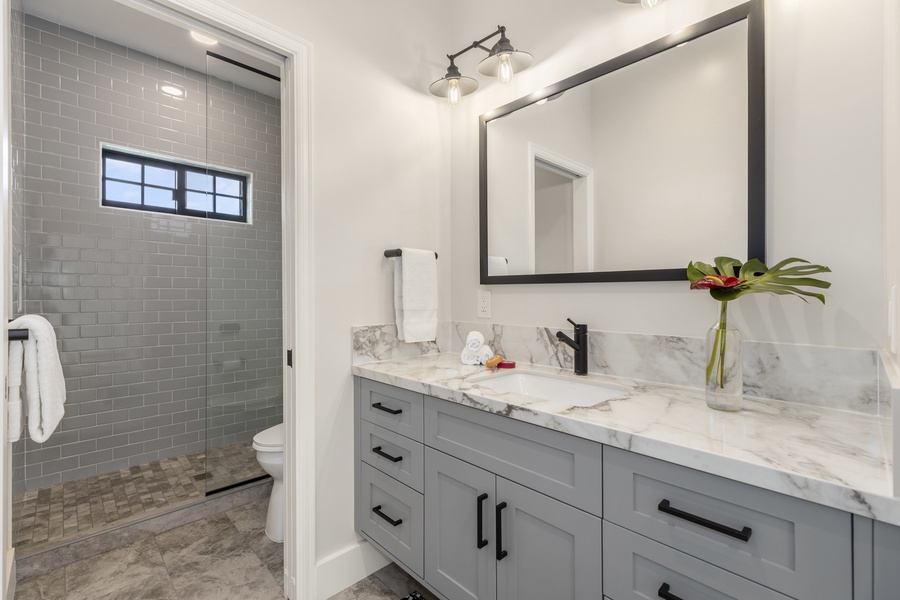 Ensuite with a single vanity and walk-in shower.