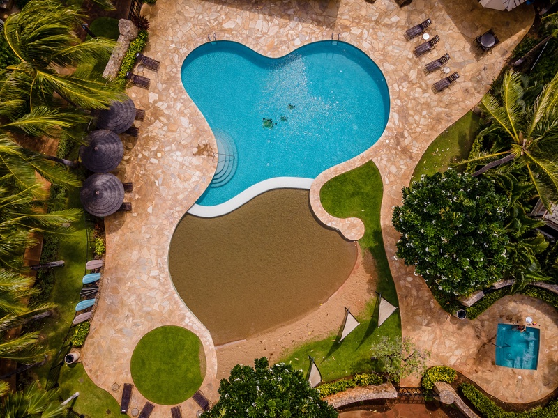 An aerial view of another pool at the resort.