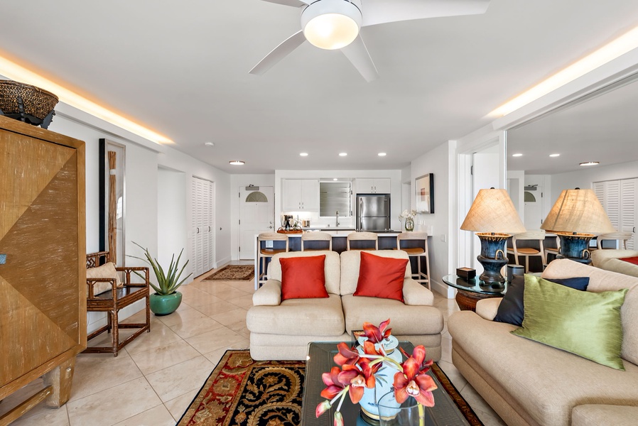 Flexible, inviting, and family-ready, this living room features a queen sleeper sofa and warm lighting that makes everyone feel at home.