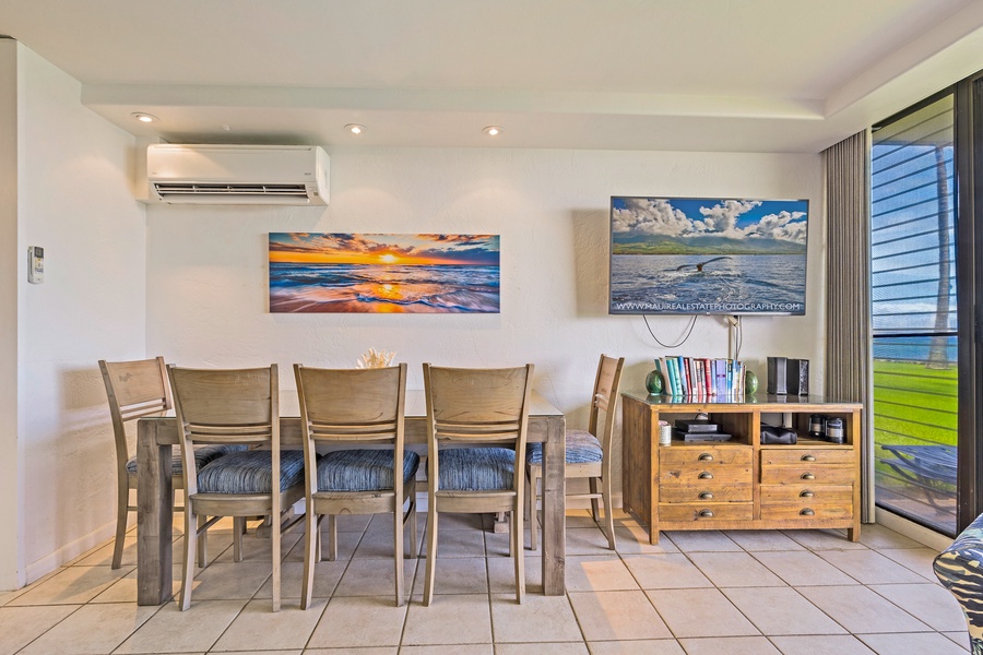 The dining area at Papakea L-106 seats six, perfect for meals with stunning sunset views