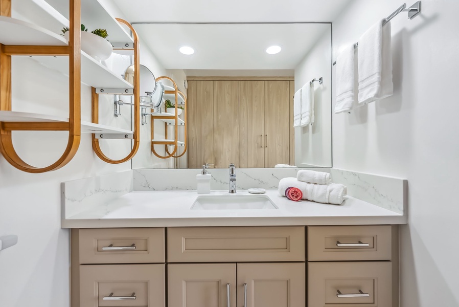 Ensuite bathroom with ample vanity and a walk-in shower