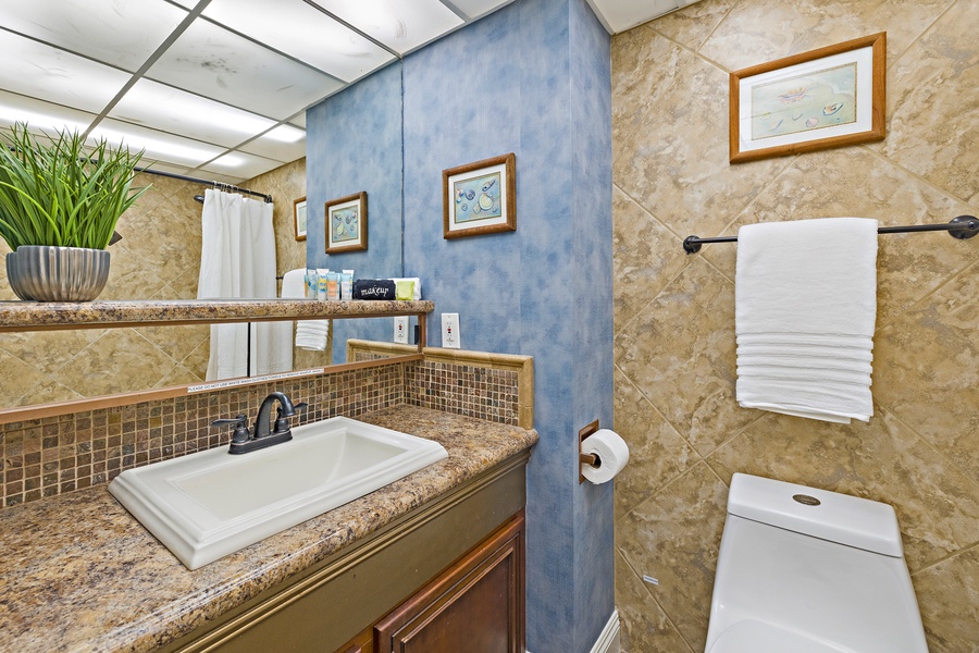 This bathroom features a granite-topped vanity and ample lighting, offering a comfortable space to freshen up and unwind.