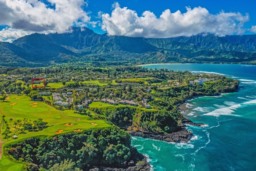 Aerial view of Princeville and the North Shore coastline, showcasing the home’s unbeatable location.