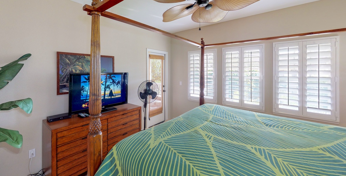 The primary guest bedroom with TV and a fan.