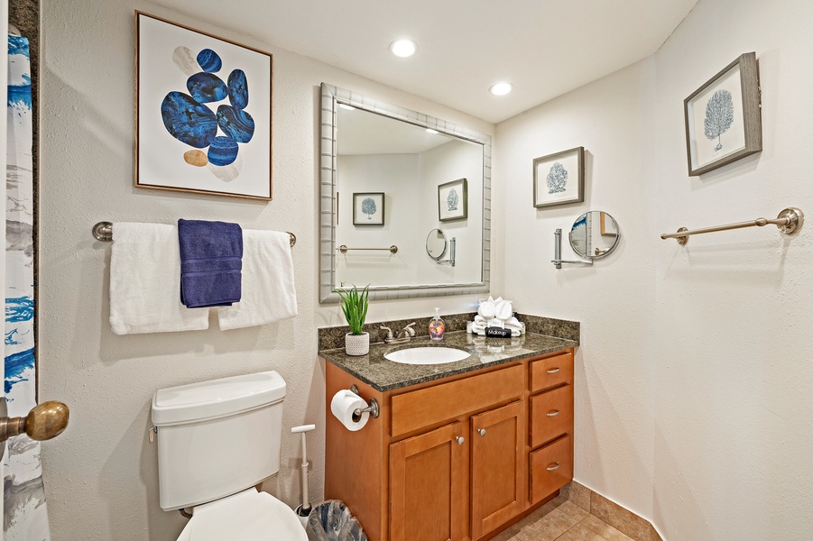 The bathroom offers a modern design with a granite countertop, a well-lit vanity