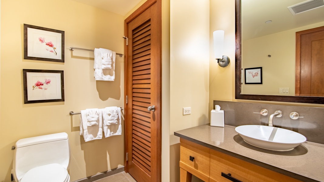 The second guest bathroom with warm wood accents.