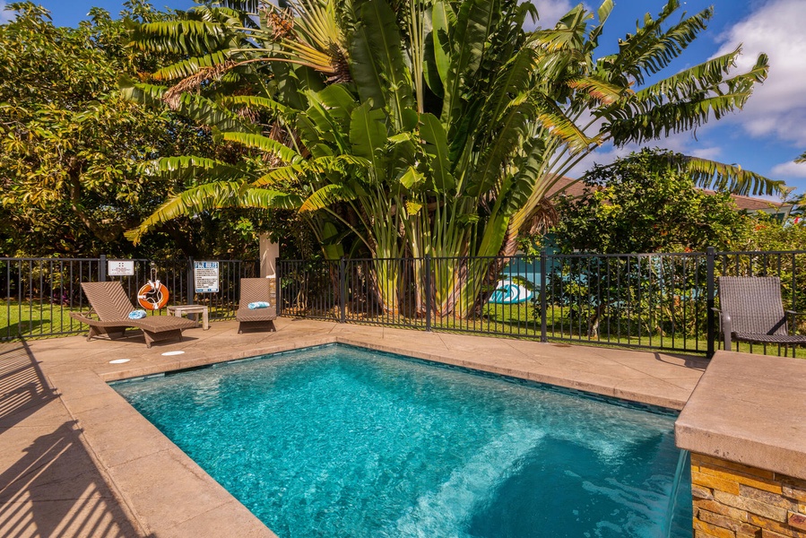 Private pool at Pohaku Villa, surrounded by lush greenery and perfect for a refreshing dip.