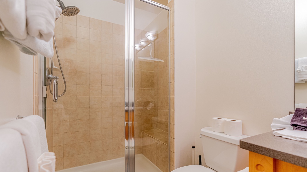 The primary guest bathroom with a shower.