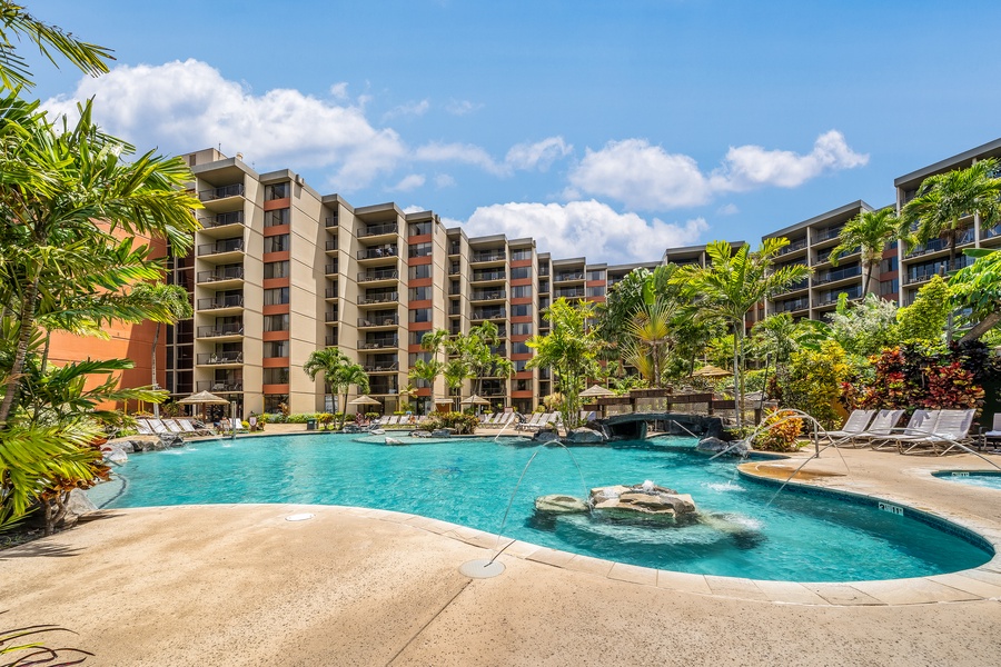 Lounge poolside at Kaanapali Shores with ocean breezes and island views.