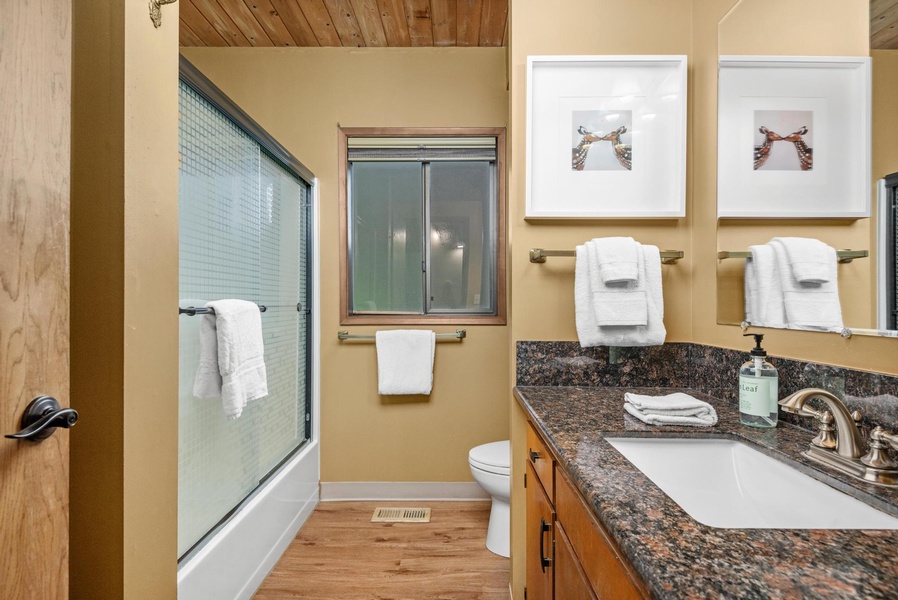 Common bathroom with an enclosed shower.