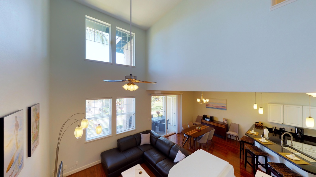 Natural lighting and scenery from the large windows and vaulted ceilings.