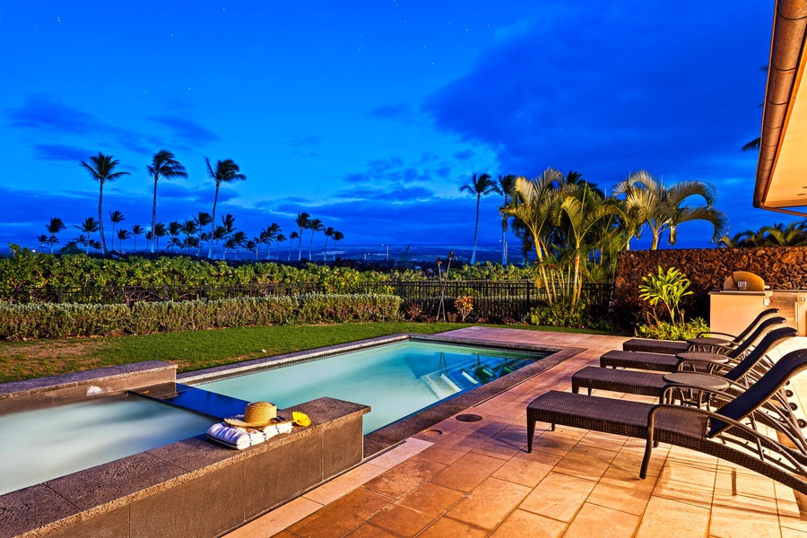 Twilight poolside views with glowing skies and golf course serenity.