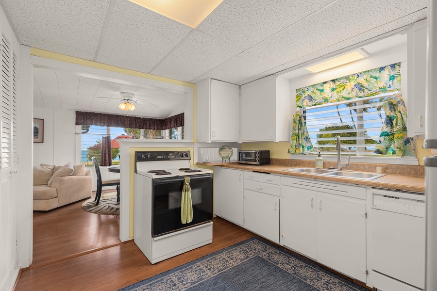 Kitchen area with wide countertop and ample appliances.