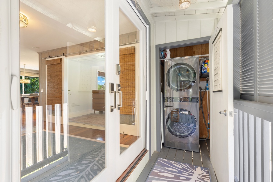 Washer and dryer in-unit, tucked just off the entryway for easy access during your stay.
