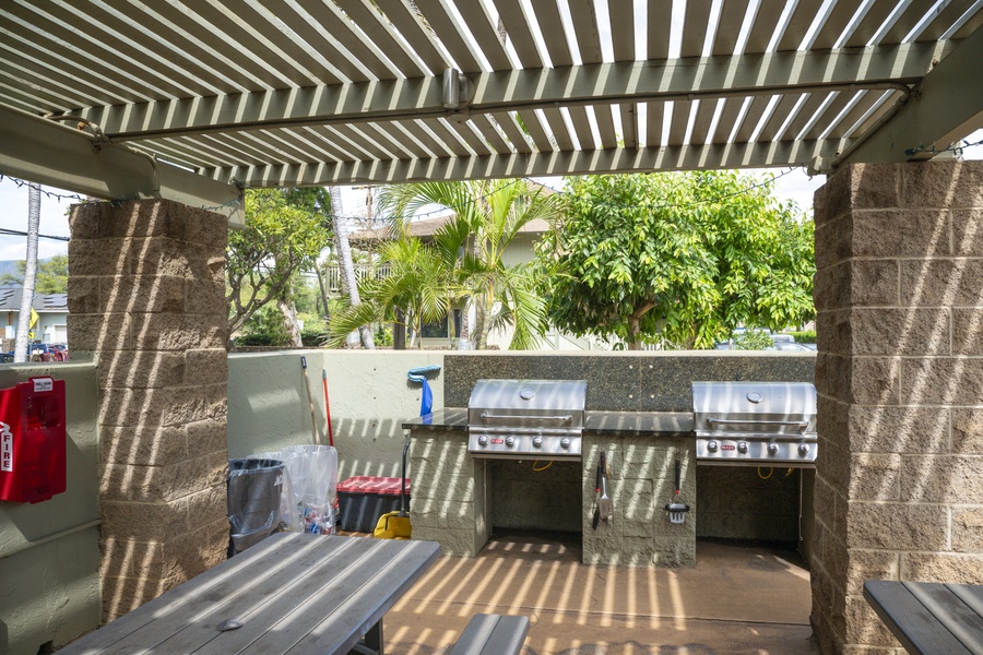 Dual grills await your barbecue adventures under dappled sunlight.