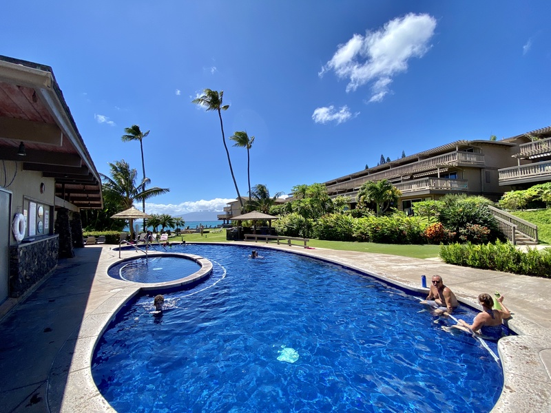 The resort pool at Kahana Sunset Resort is the perfect spot to relax and enjoy stunning island views.
