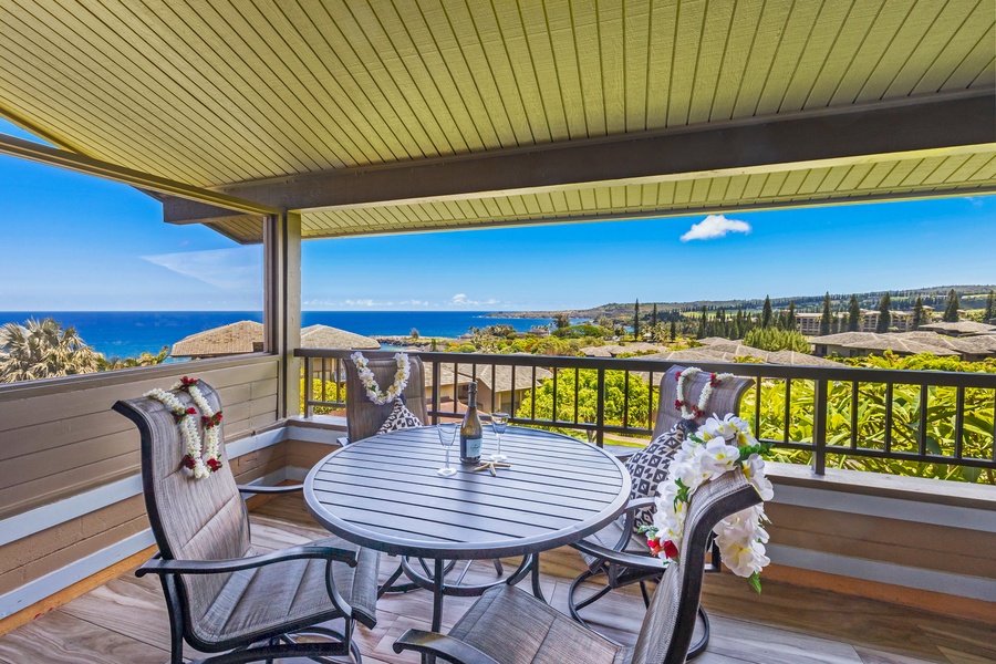 Enjoy your meals or a glass of wine on the lanai, with sweeping views of the ocean and tropical landscape.