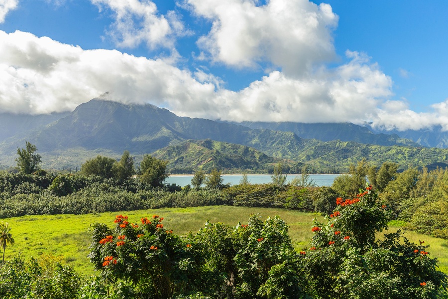 A breathtaking view of the mountains and river with vibrant flowers.