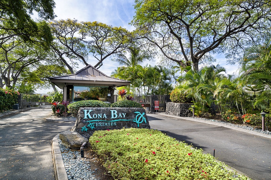 Gated Kona Bay Estates entrance—your serene and secure coastal community retreat.