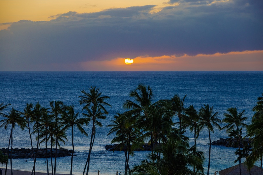 Peaceful ocean view and rustling palm leaves.