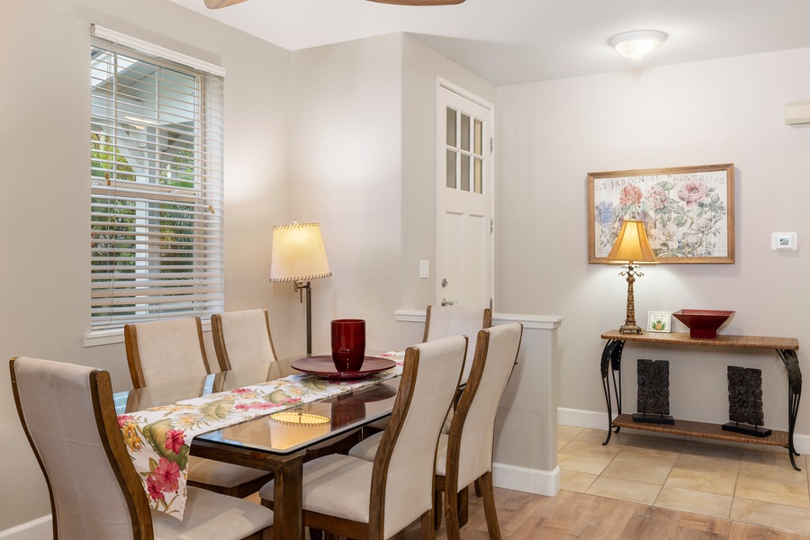 A dedicated dining area seats six, making meals easy to enjoy together—whether it’s takeout from Roy’s or a homemade poke bowl.