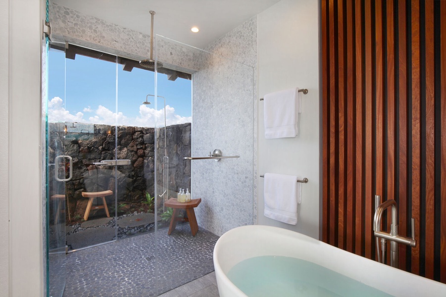 Primary 2 bathroom with outdoor lava rock shower
