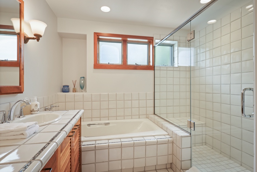 Soaking tub with separate walk-in shower.