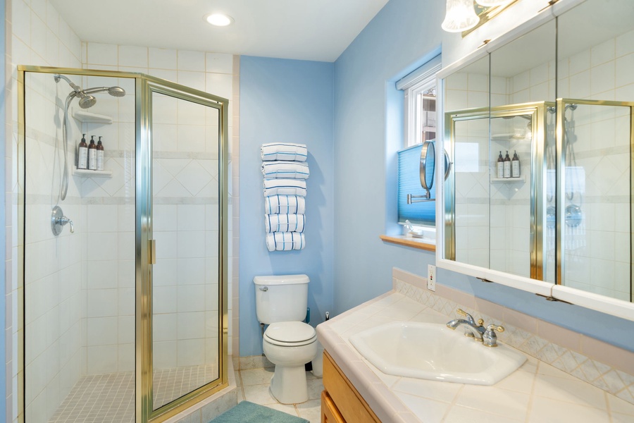 Refresh in your bright, well-appointed bathroom featuring a spacious walk-in shower and thoughtful amenities for your comfort.
