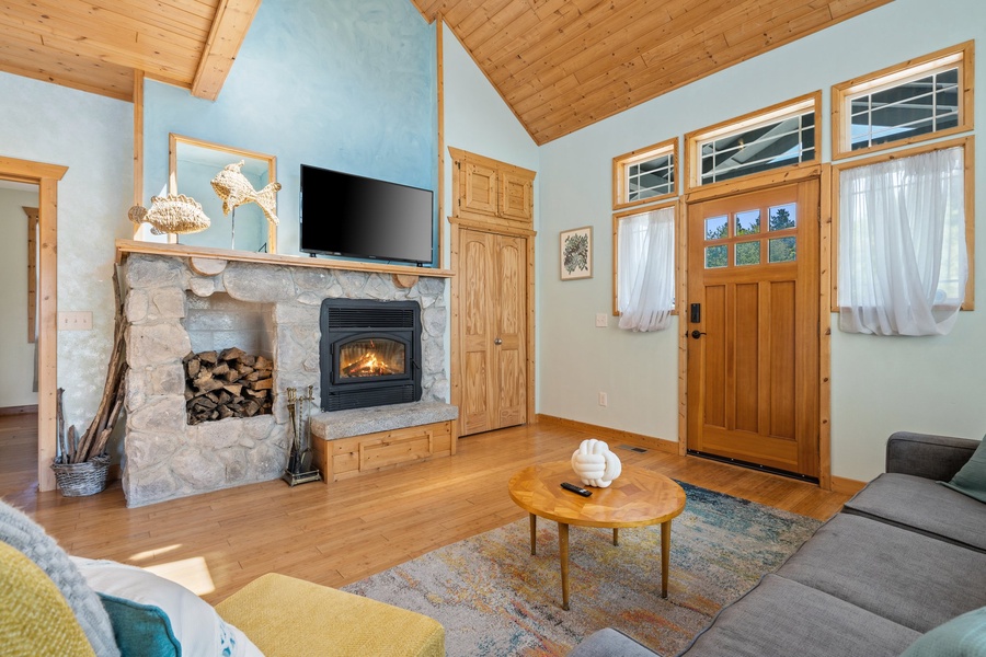 Cozy nights in just got better with our living area fireplace and flat-screen TV