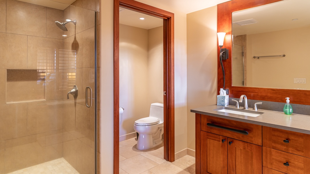 The primary guest bath also features a walk-in shower.