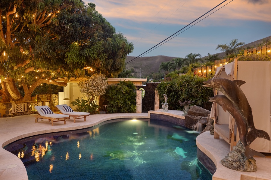 View of the pool at night.