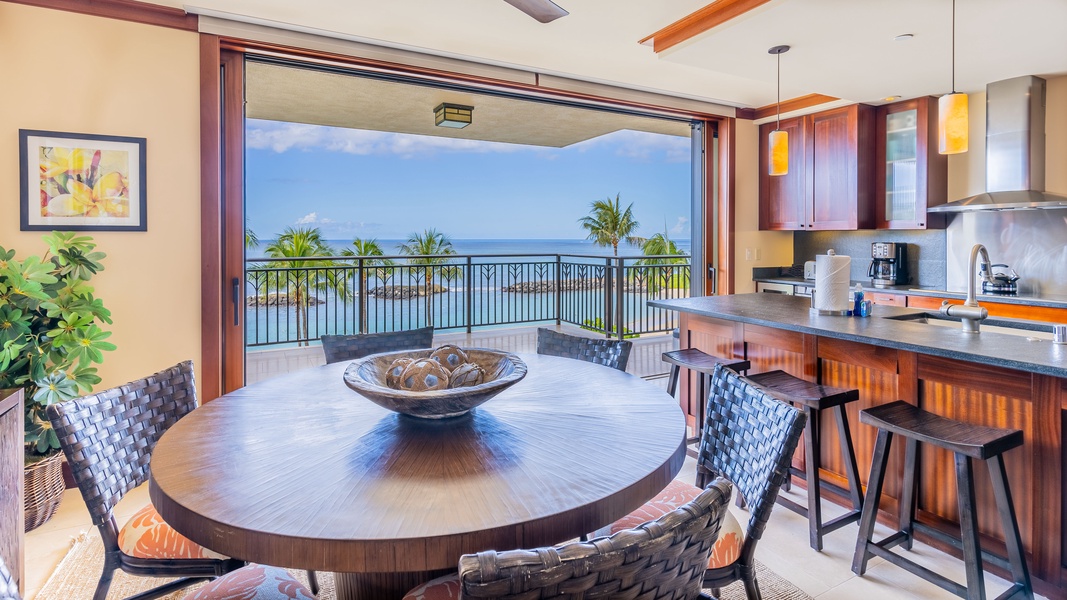 Dining and kitchen with ocean breezes.