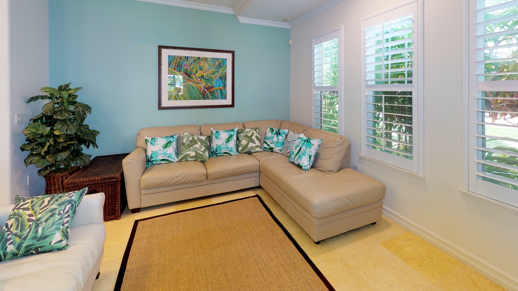 The living area has plentiful seating for your group.