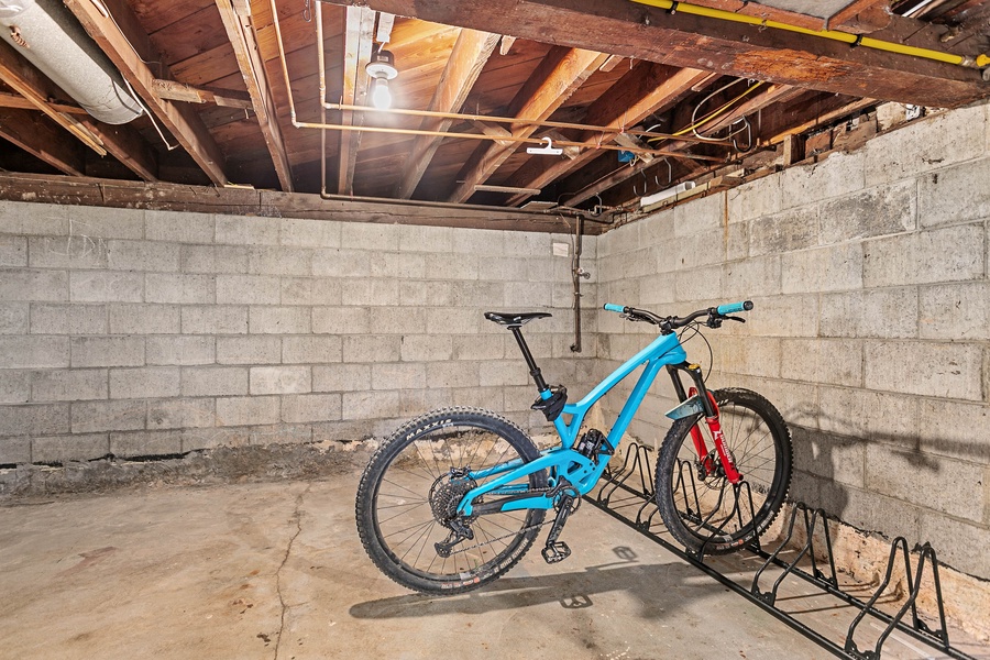 Secure bike storage in the basement keeps your gear safe, clean, and ready for your next Galbraith ride.